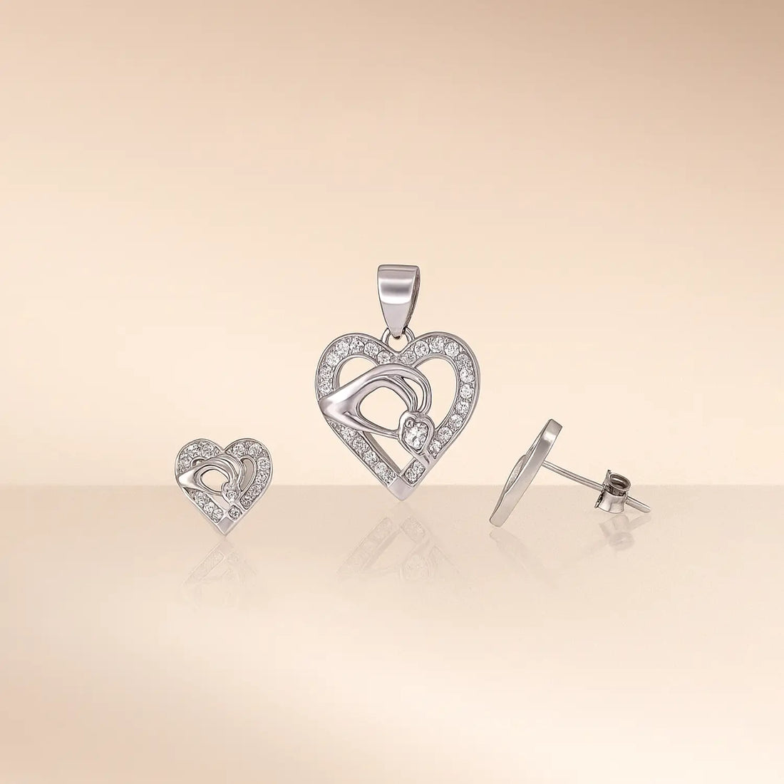 Mother Baby Hand Holding Love Heart Pendent & Earrings Set - Made With Pure 925 Silver