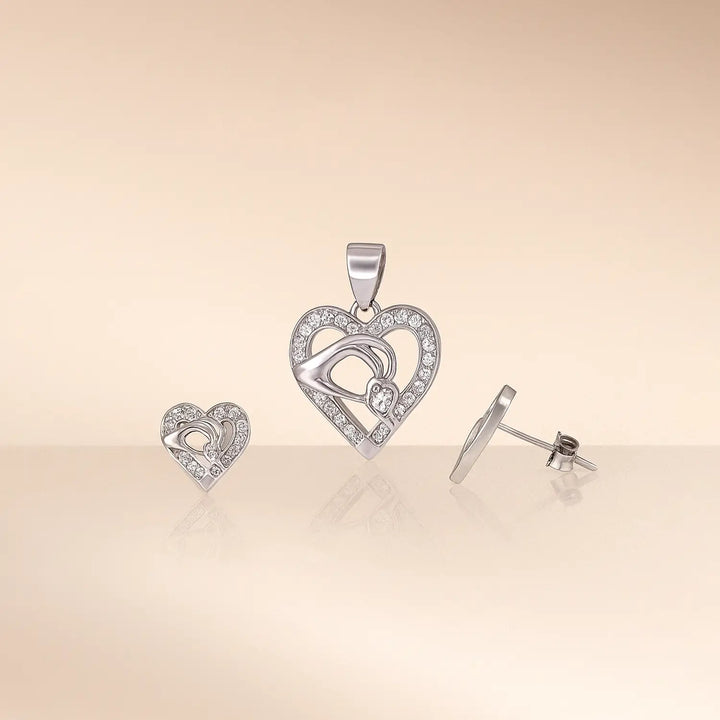 Mother Baby Hand Holding Love Heart Pendent & Earrings Set - Made With Pure 925 Silver
