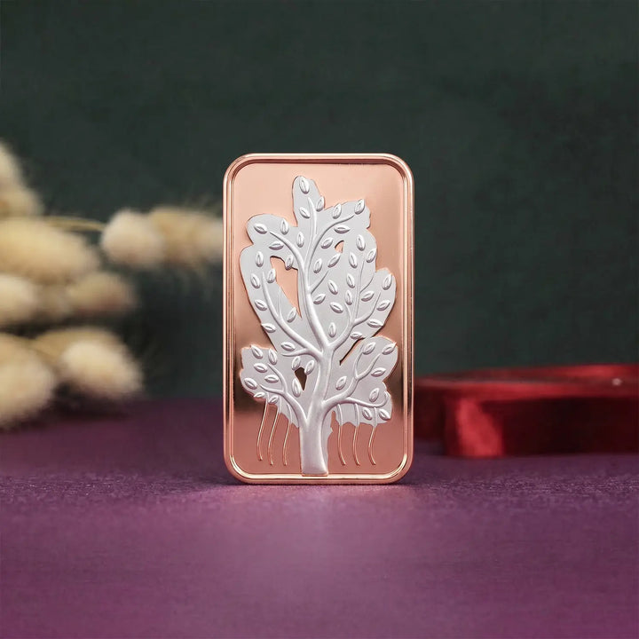 Tree of Life Pure Silver Bar with Gold-Plated Finish - Made With Pure 925 Silver