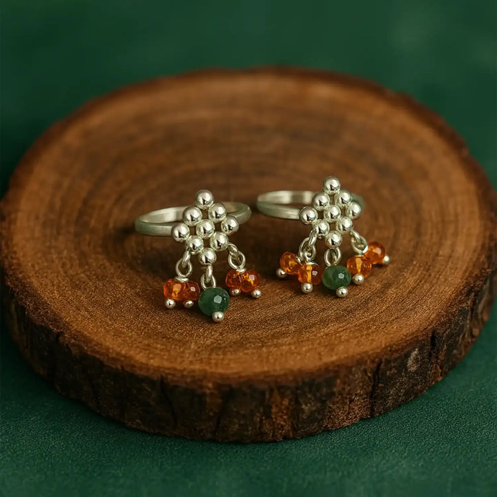 Pure Silver Toe Rings with Colorful Beads- Made With Pure 925 Silver