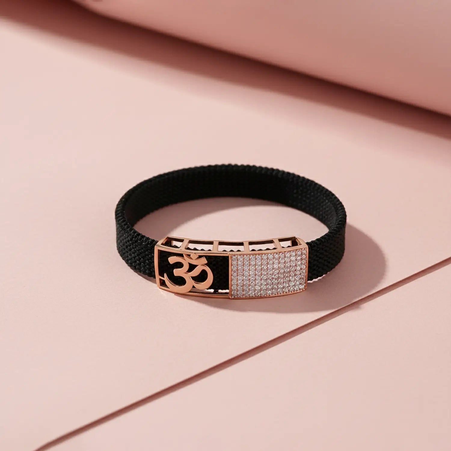 Men’s Black Strap Bracelet with Dual-Tone “Om” Motif- Made With Pure 925 Silver