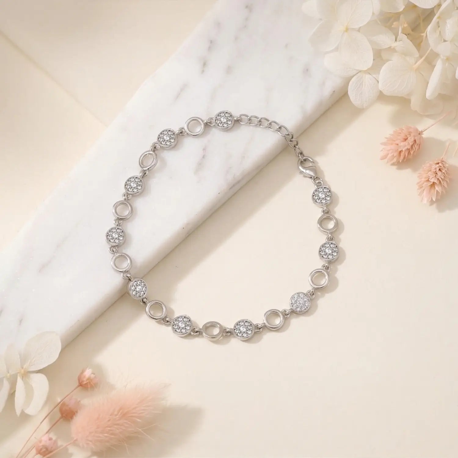 Elegant Circle Link CZ Pure Silver Bracelet - Made With Pure 925 Silver