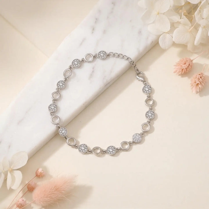 Elegant Circle Link CZ Pure Silver Bracelet - Made With Pure 925 Silver