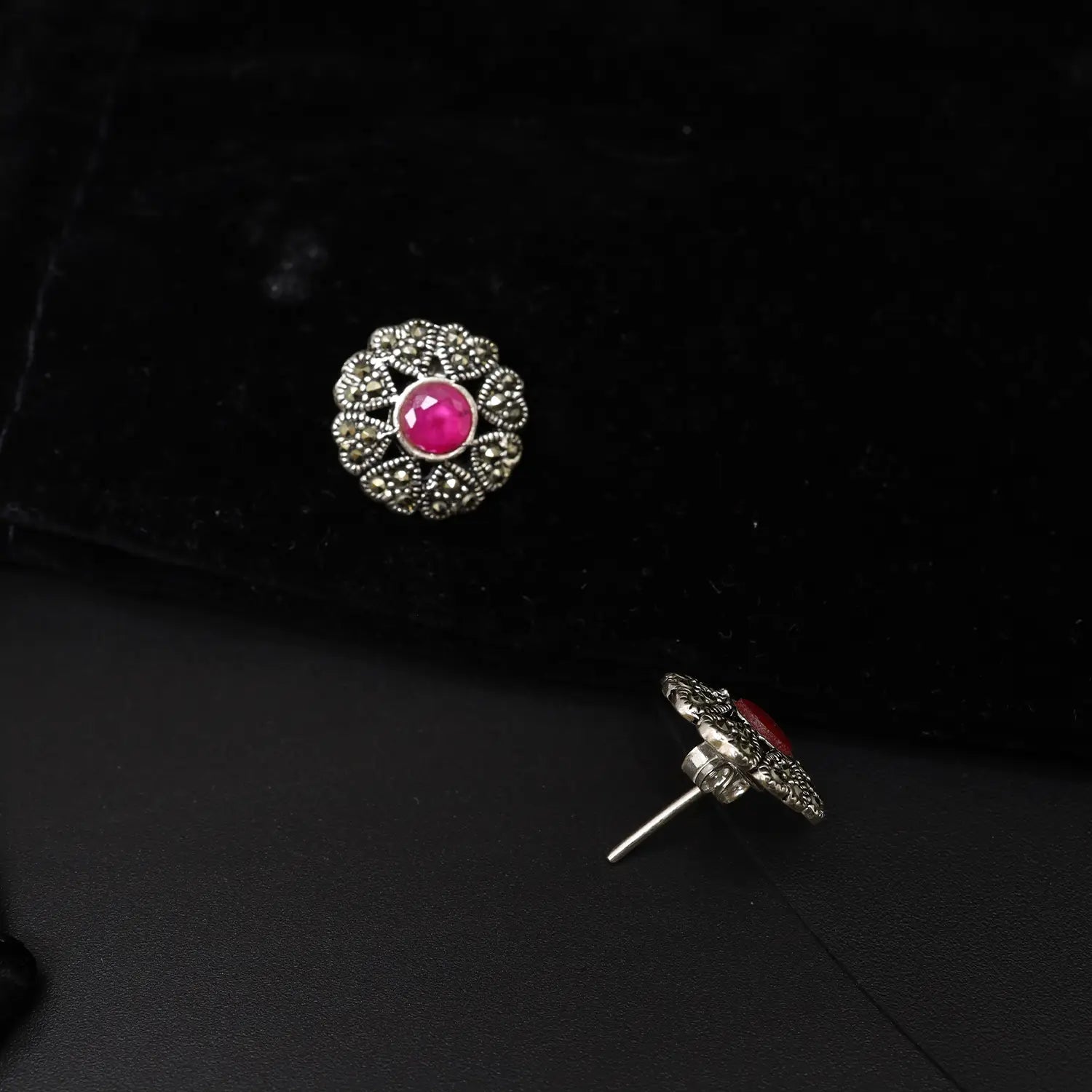 Ruby Rosette Oxidized Silver Stud Earrings- Made With Pure 925 Silver