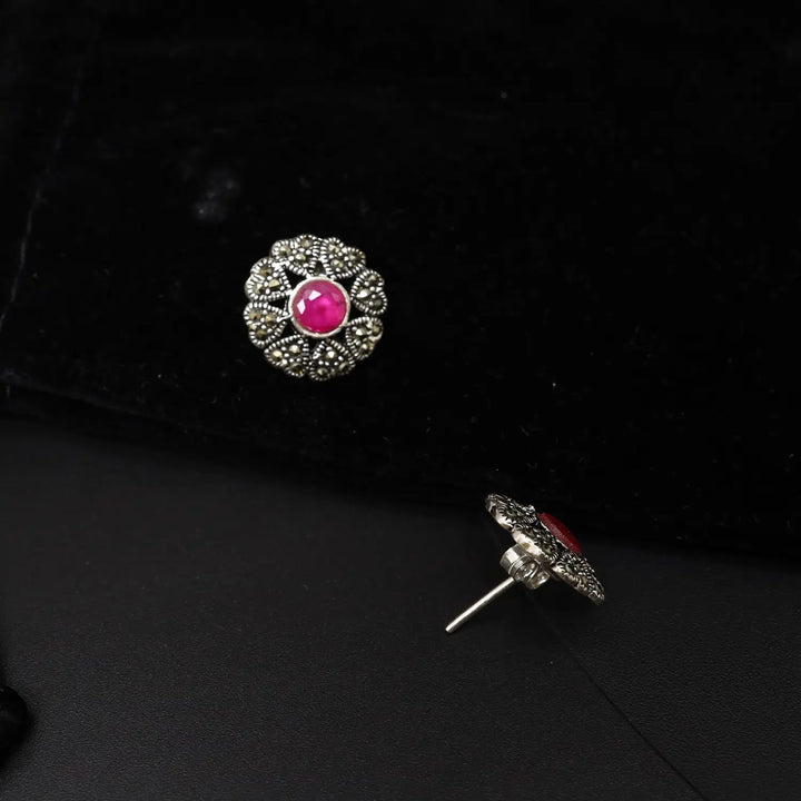 Ruby Rosette Oxidized Silver Stud Earrings- Made With Pure 925 Silver