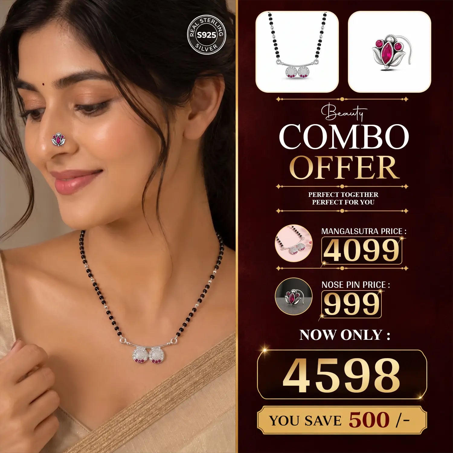 Beauty Combo – Pure 925 Sterling Silver Mangalsutra & Nose Pin