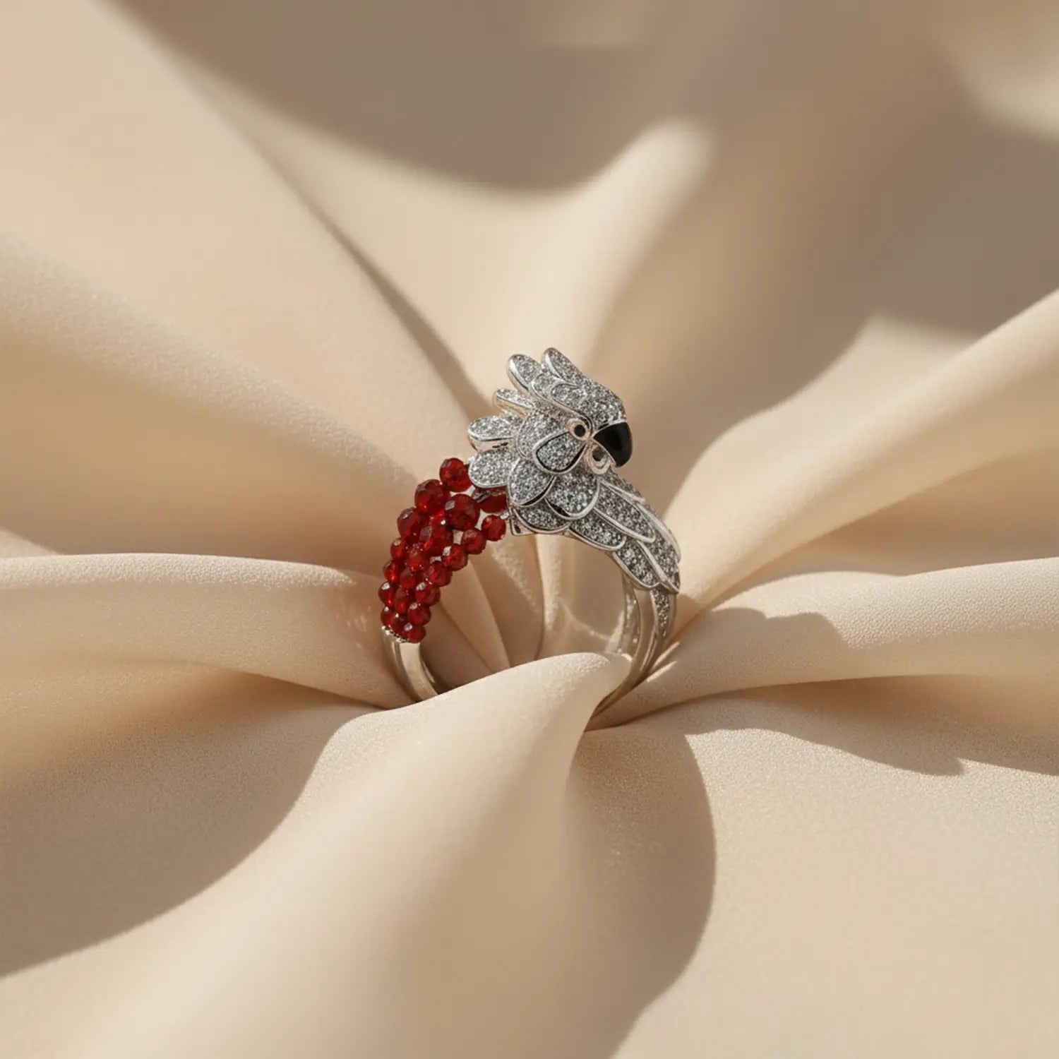 Pure Parrot Ring with Red Beads - Made With 925 Silver