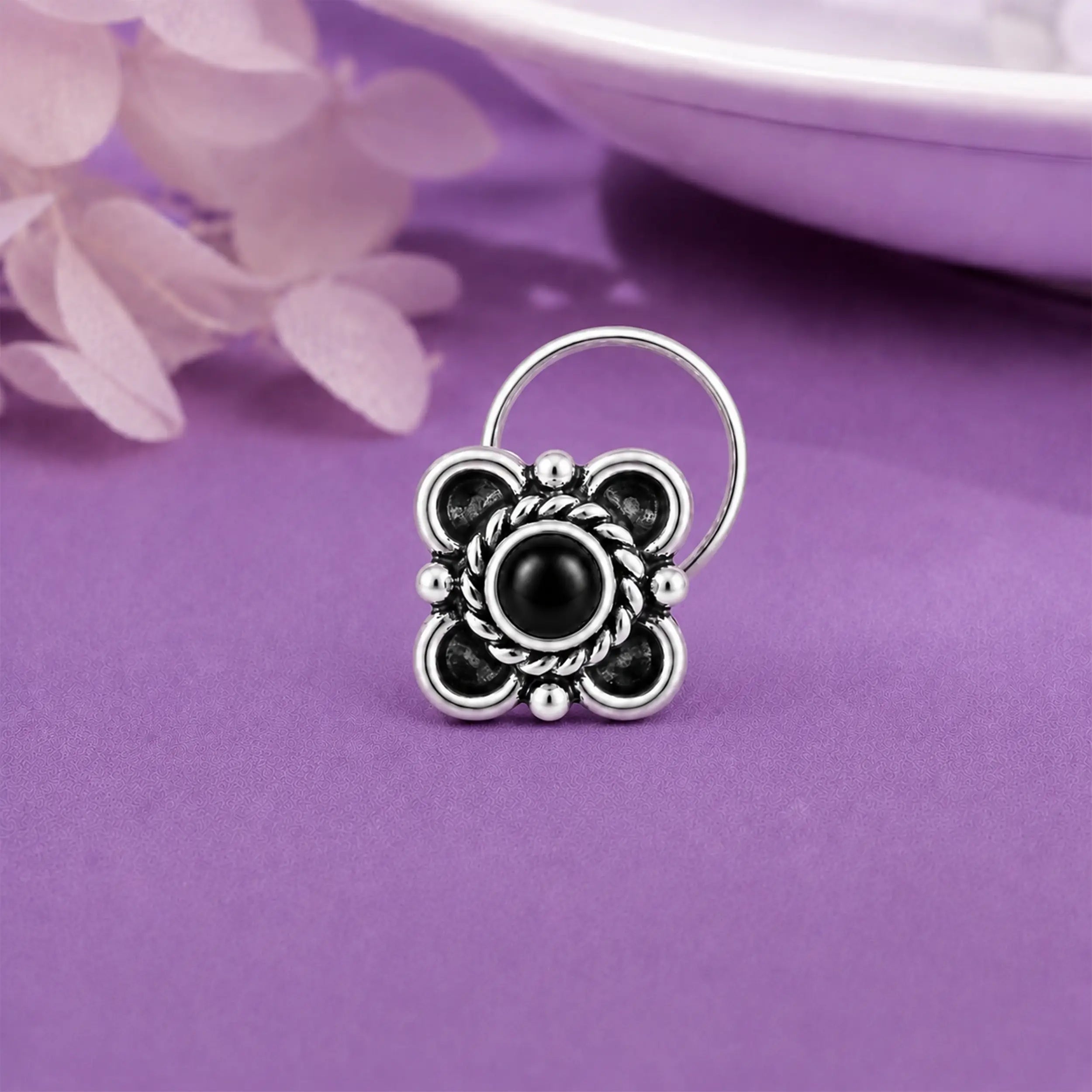 Vintage Blossom Oxidised Silver Nose Pin- Made With Pure 925 Silver