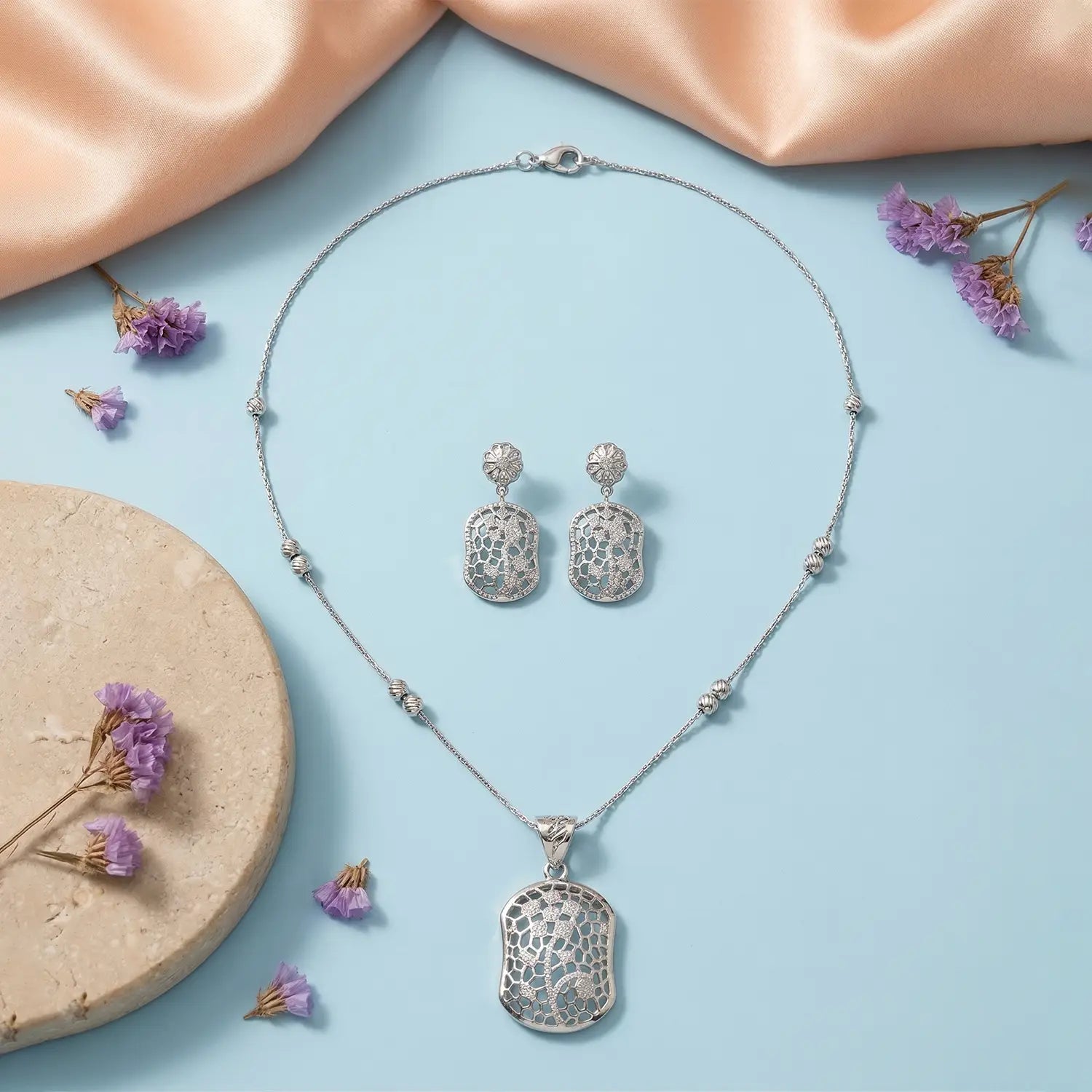 Elegant Filigree Drop Pure Silver Necklace Set- Made With Pure 925 Silver