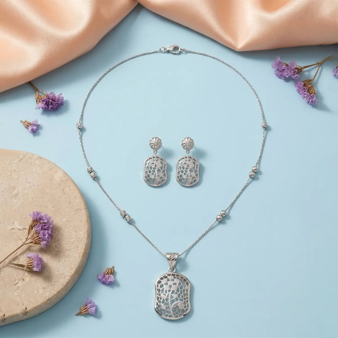 Elegant Filigree Drop Pure Silver Necklace Set- Made With Pure 925 Silver