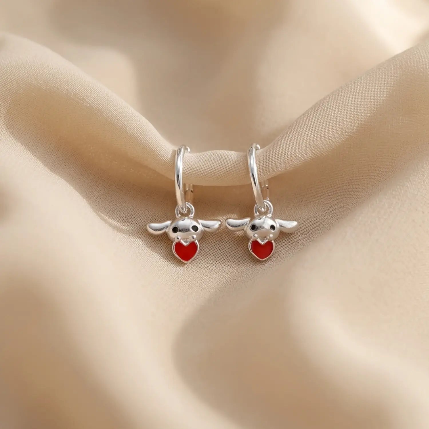Cute Character Heart Charm Silver Hoop Earrings - Made With Pure 925 Silver