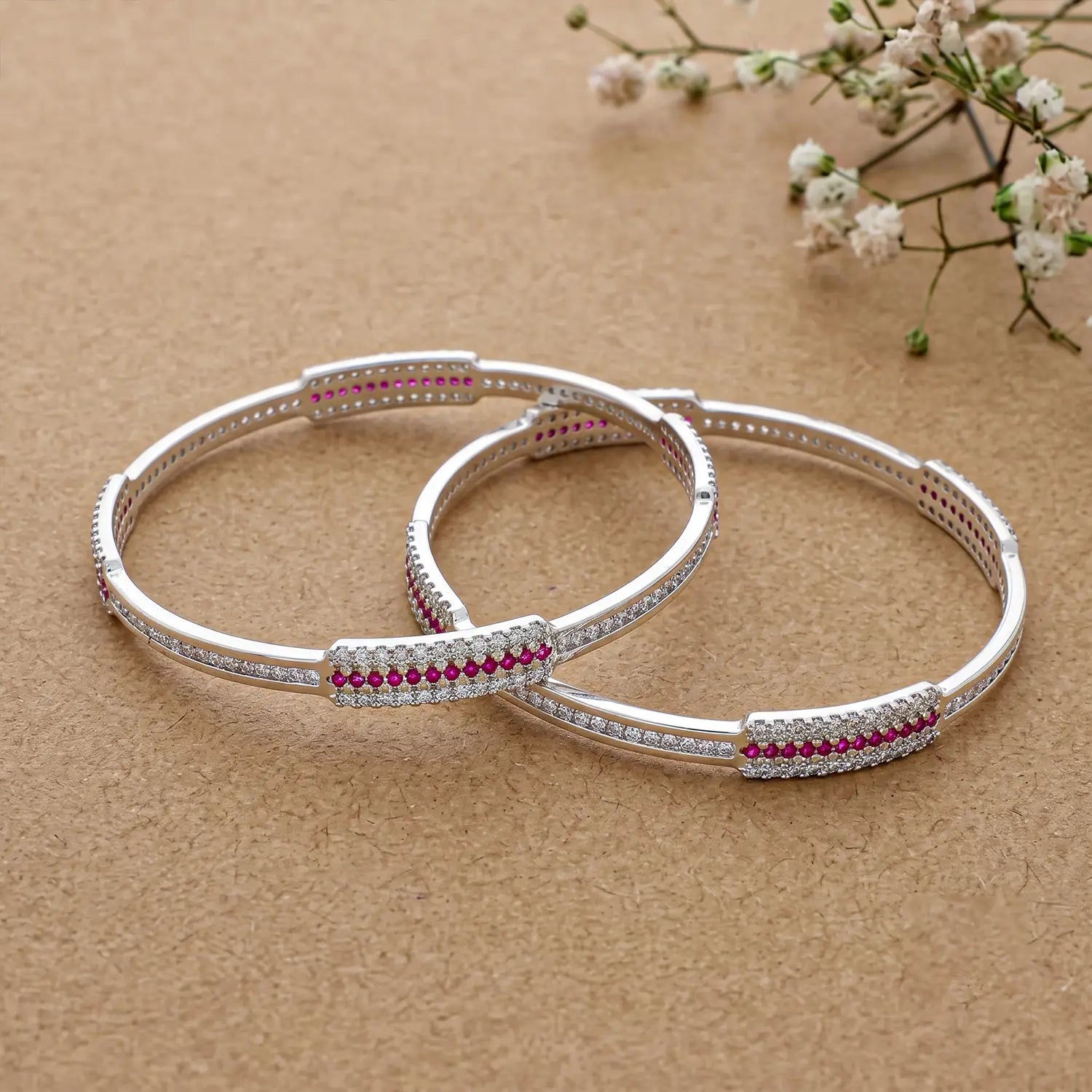 Ruby Accent Elegant Silver Bangles - Made With Pure 925 Silver