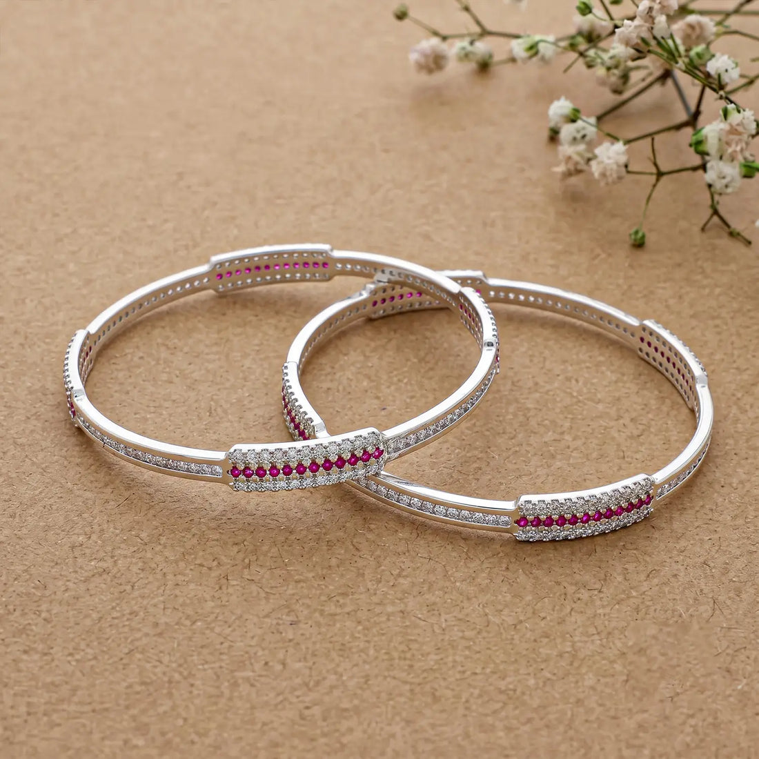 Ruby Accent Elegant Silver Bangles - Made With Pure 925 Silver