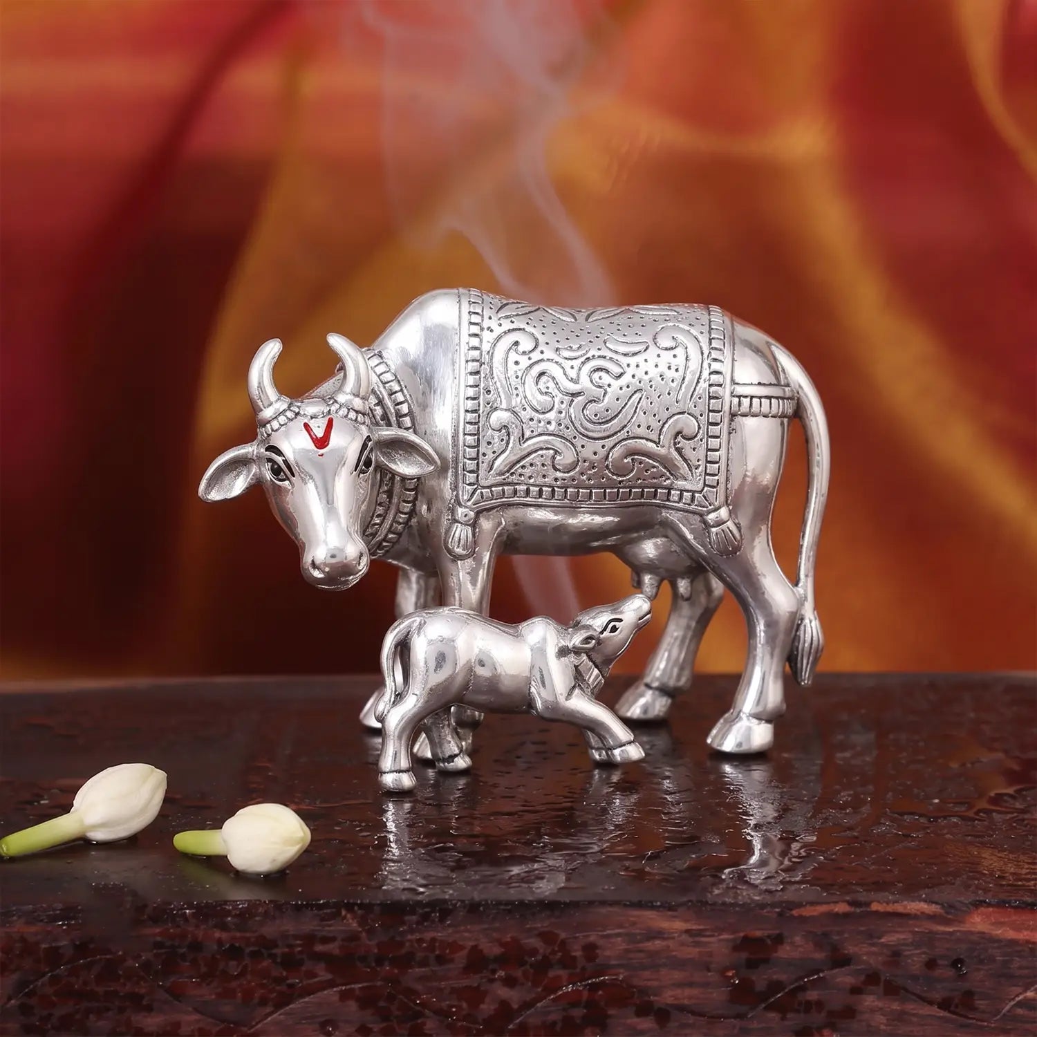 Kamdhenu Cow with Calf Idol - Made With Pure 925 Silver
