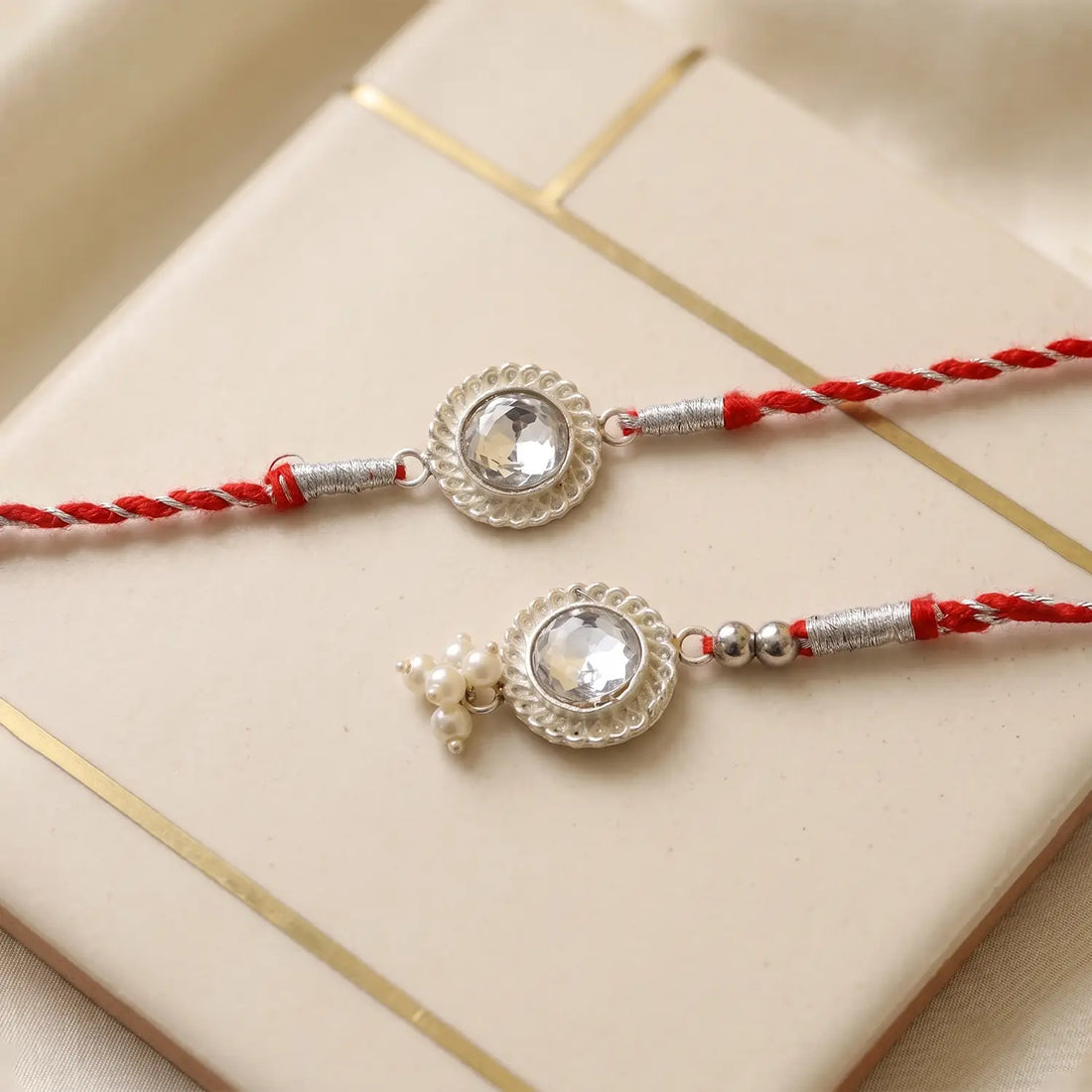 Classic Crystal Silver Rakhi & Lumba Set - Made With Pure 925 Silver