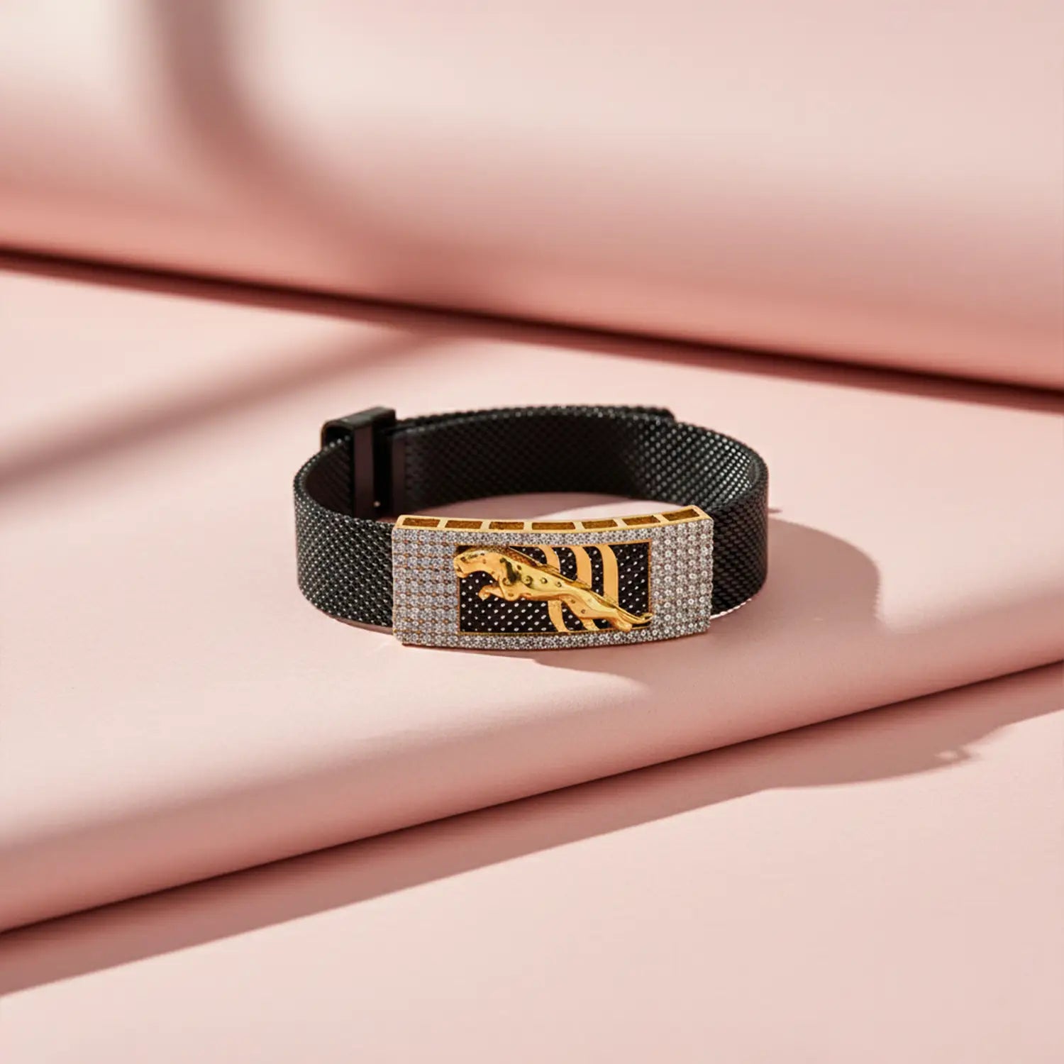 Men’s Black Strap Bracelet with Golden Panther- Made With Pure 925 Silver