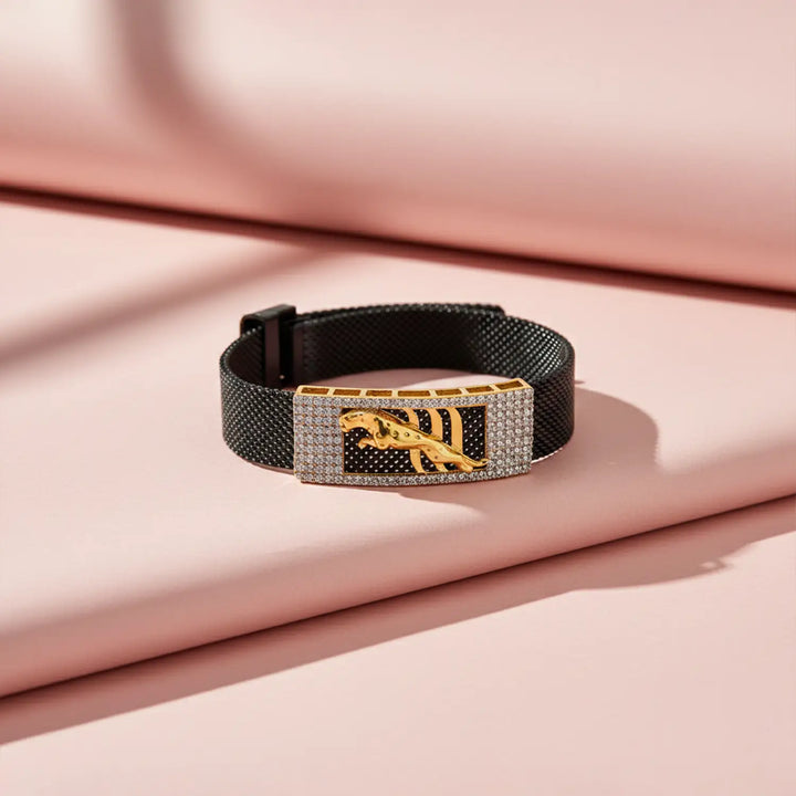 Men’s Black Strap Bracelet with Golden Panther- Made With Pure 925 Silver