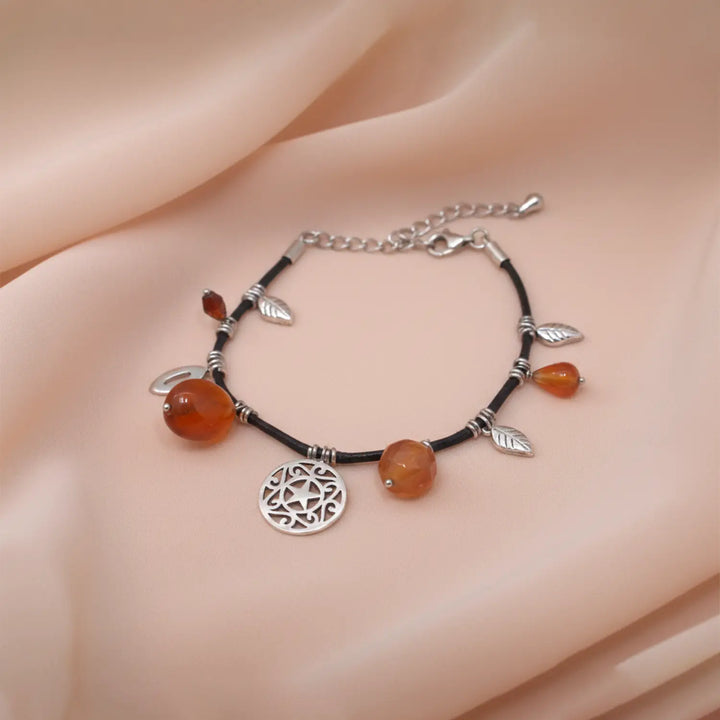 Carnelian Charm Black Cord Sterling Silver Bracelet- Made With Pure 925 Silver