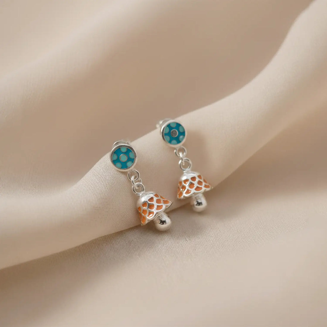 Turquoise & Orange Enamel Silver Jhumki Earrings - Made With Pure 925 Silver