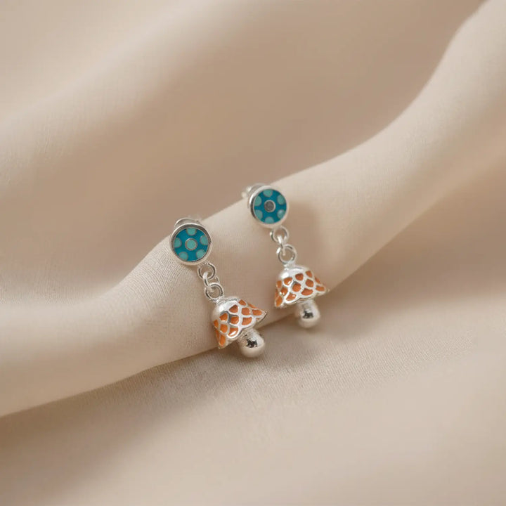 Turquoise & Orange Enamel Silver Jhumki Earrings - Made With Pure 925 Silver