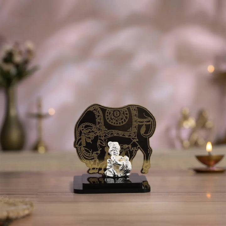 Lord Krishna Idol with Decorative Elephant Backdrop - Made With Pure 925 Silver