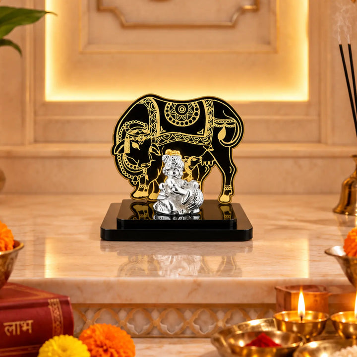 Lord Krishna Idol with Decorative Elephant Backdrop - Made With Pure 925 Silver