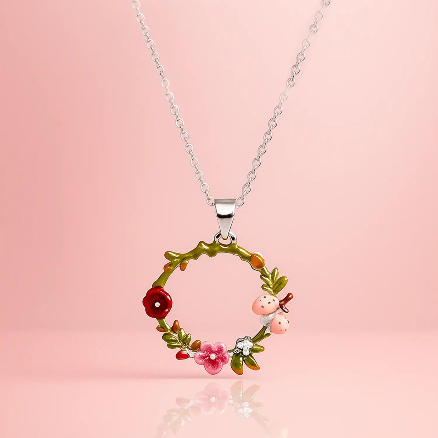 Enamel Ladybug Floral Wreath Silver Necklace- Made With Pure 925 Silver
