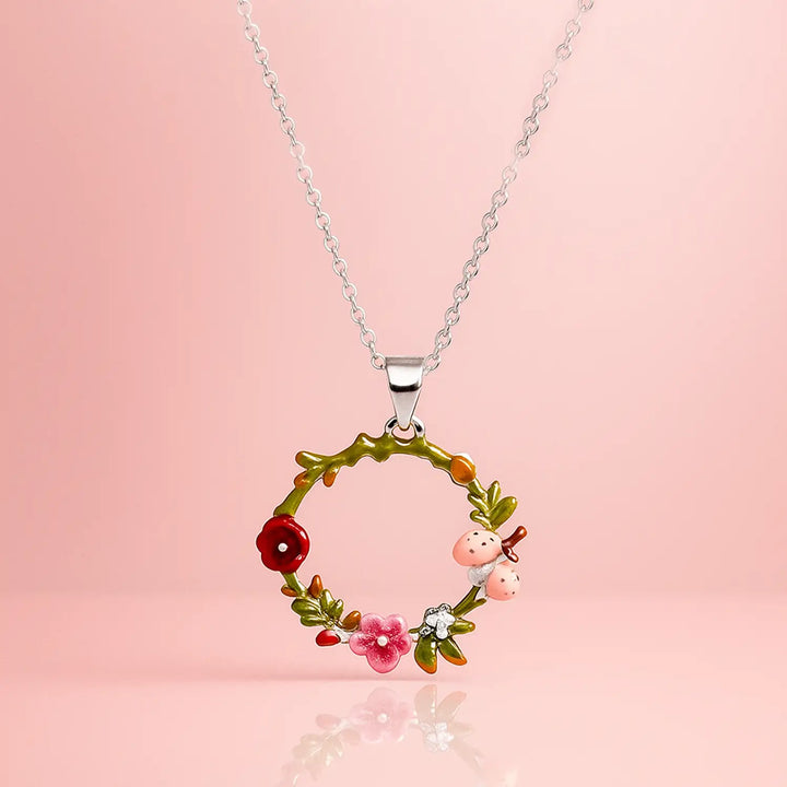 Enamel Ladybug Floral Wreath Silver Necklace- Made With Pure 925 Silver