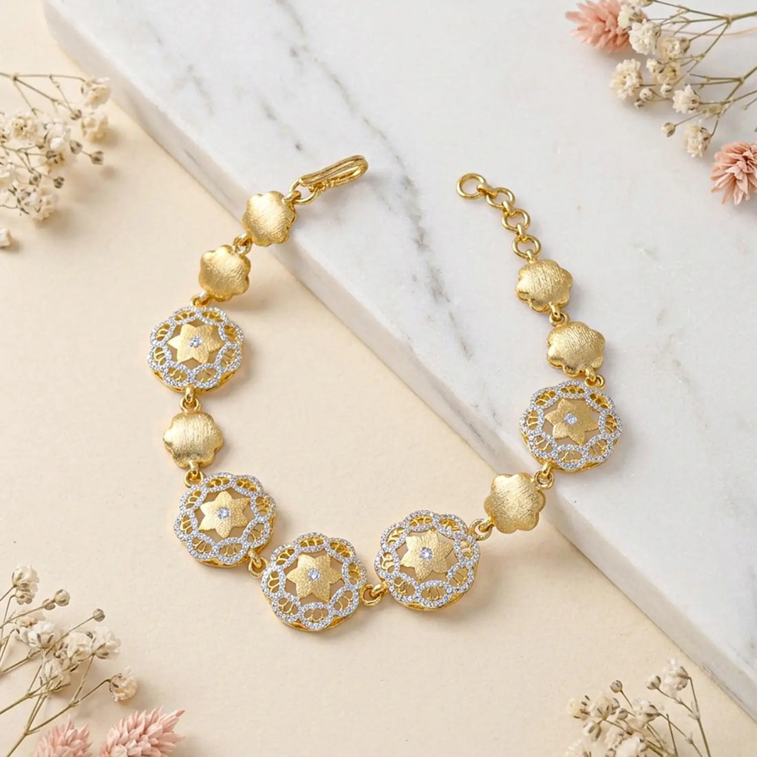 Gold Polish Silver Floral Charm Designer Bracelet - Made With Pure 925 Silver