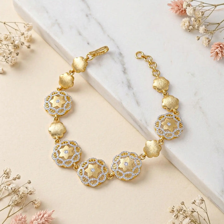 Gold Polish Silver Floral Charm Designer Bracelet - Made With Pure 925 Silver