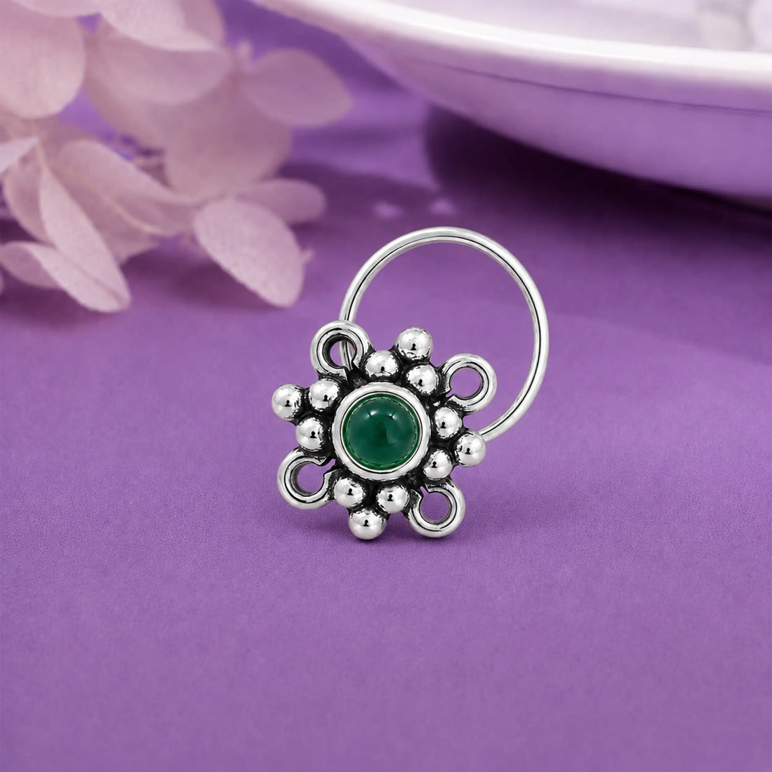 Antique Oxidised Silver Floral Nose Pin- Made With Pure 925 Silver