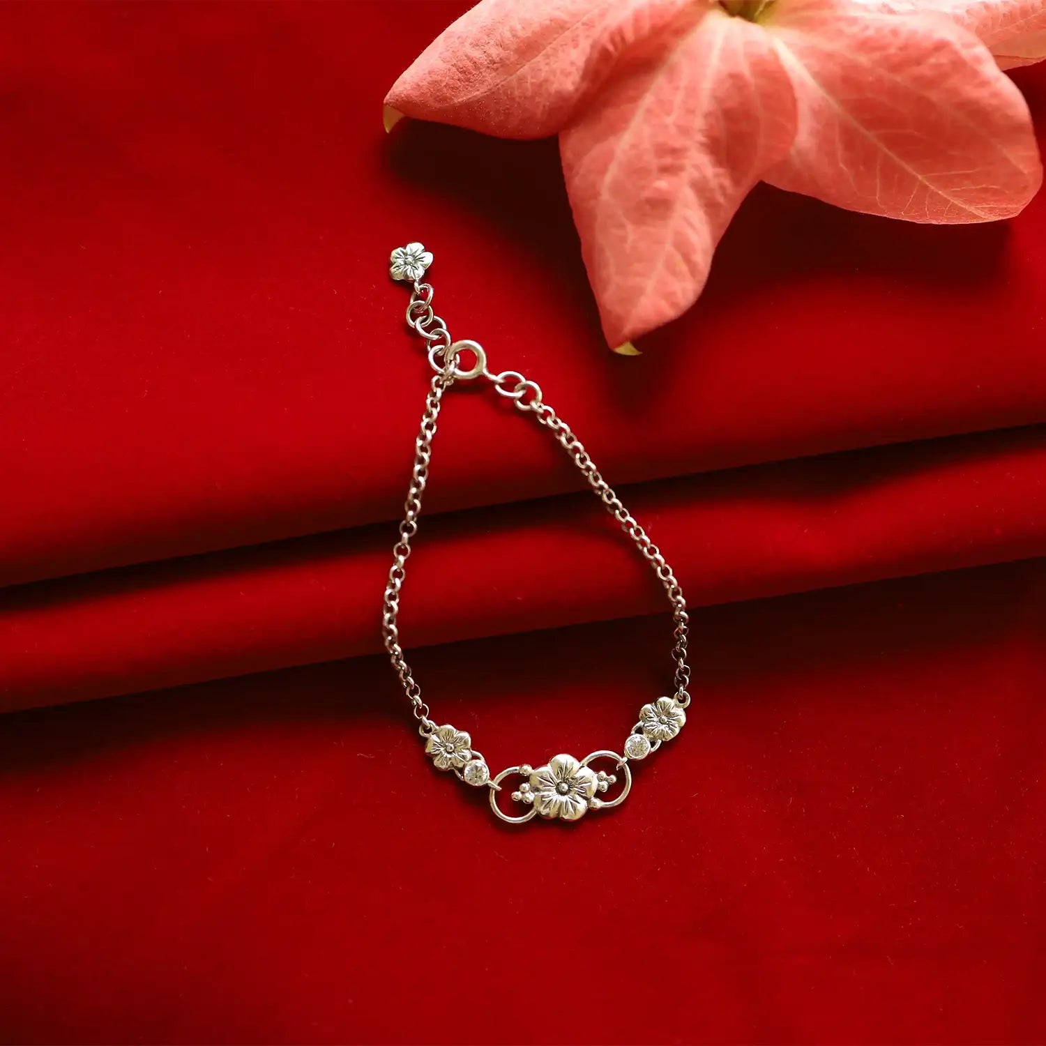 Floral Charm Sterling Silver Bracelet- Made With Pure 925 Silver