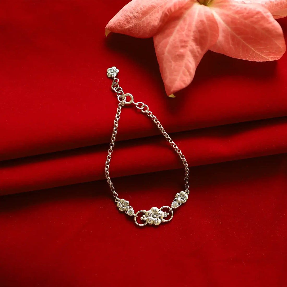 Floral Charm Sterling Silver Bracelet- Made With Pure 925 Silver