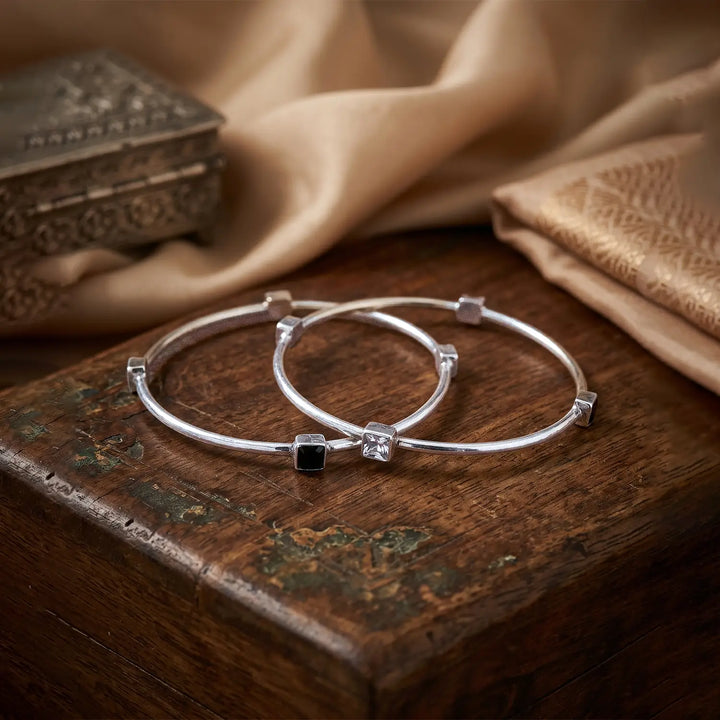 Black Onyx Zirconia Pure Silver Bangle Set- Made With Pure 925 Silver