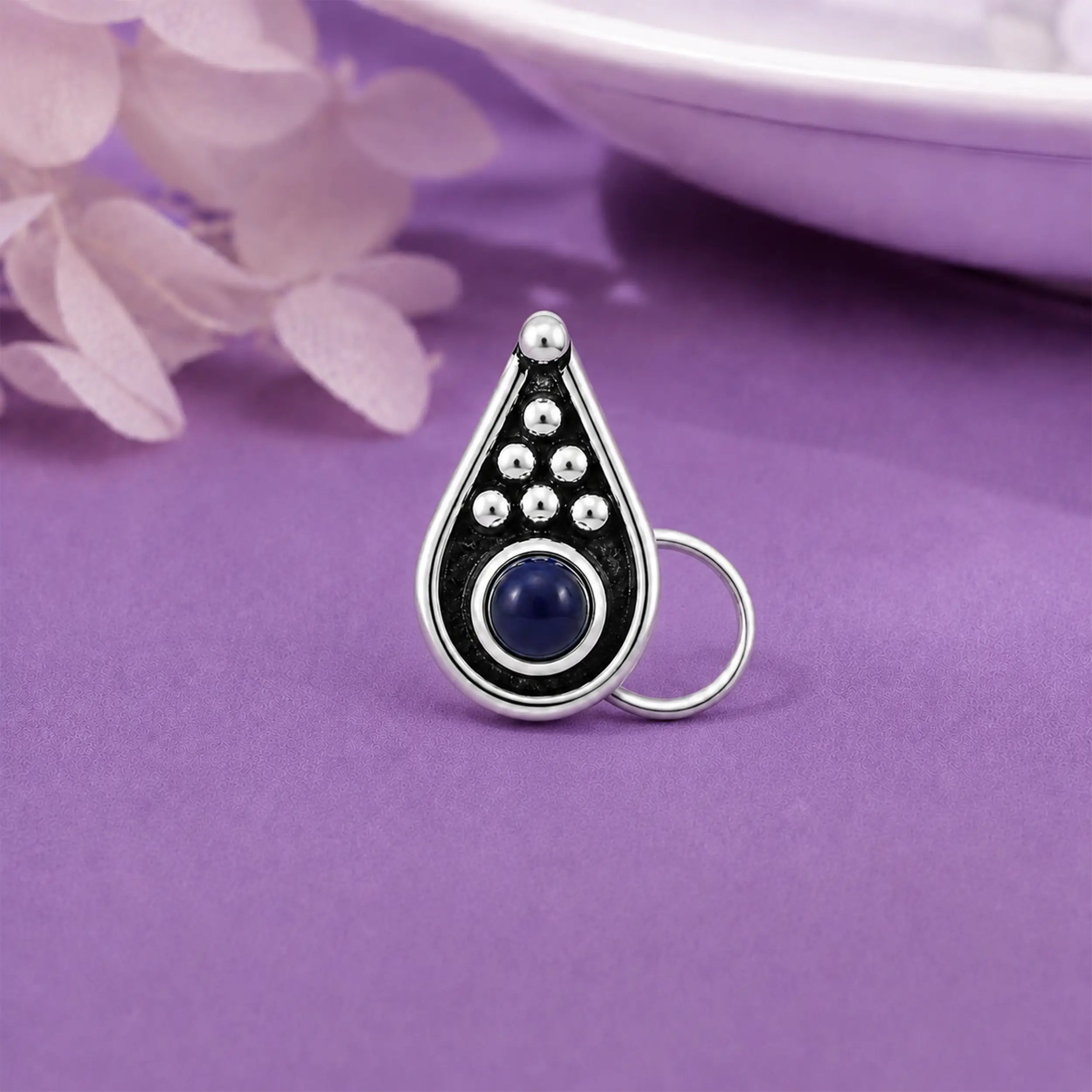 Oxidised Silver Teardrop Stone Nose Pin- Made With Pure 925 Silver