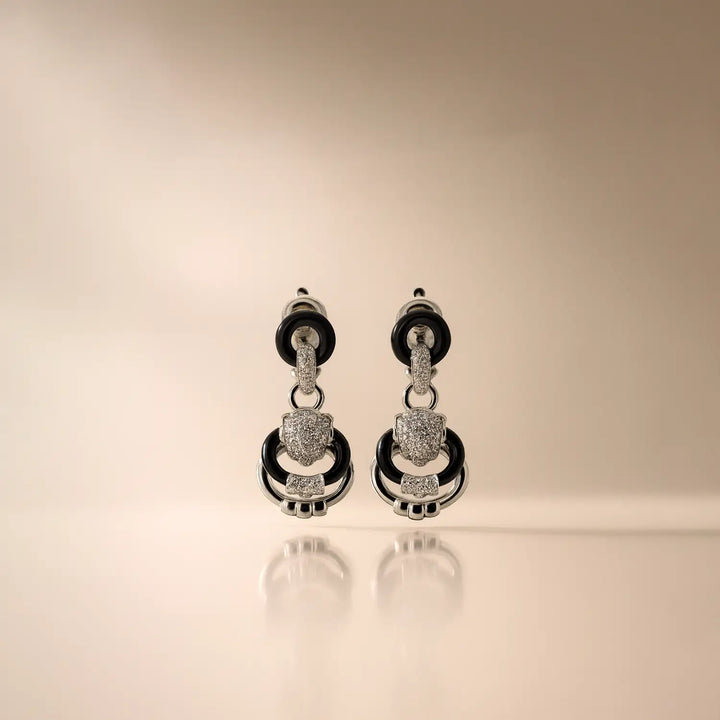 Chic Silver Drop Earrings with Black Enamel & CZ Accents - Made With Pure 925 Silver