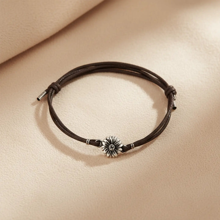 Sunflower Charm Silver Bracelet on Black Cord- Made With Pure 925 Silver