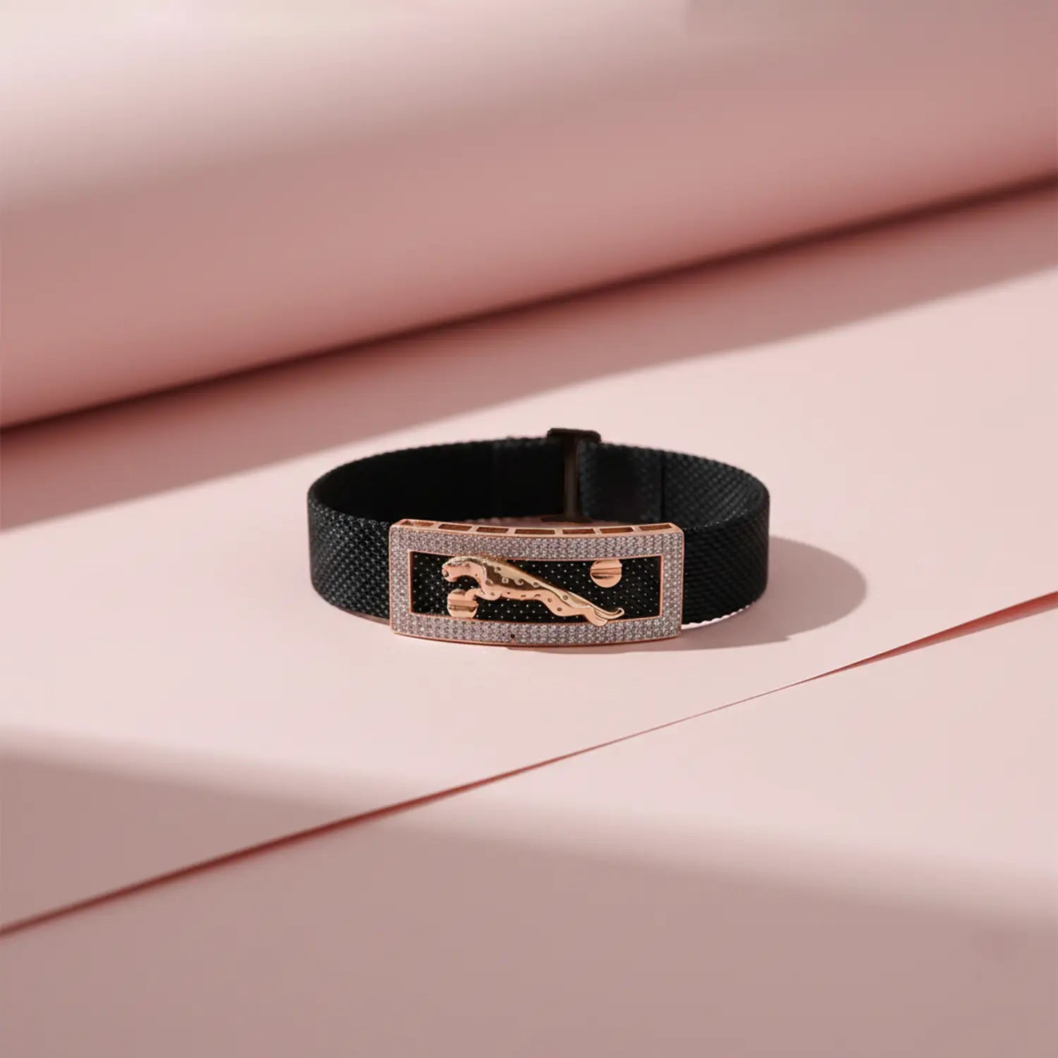 Men’s Black Strap Panther Bracelet with Silver Toned Stone- Made With Pure 925 Silver