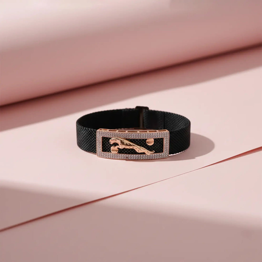Men’s Black Strap Panther Bracelet with Silver Toned Stone- Made With Pure 925 Silver
