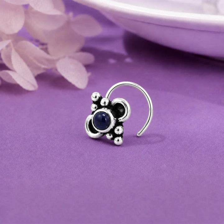 Elegant Pure Silver Nose Pin with Blue Stone- Made With Pure 925 Silver