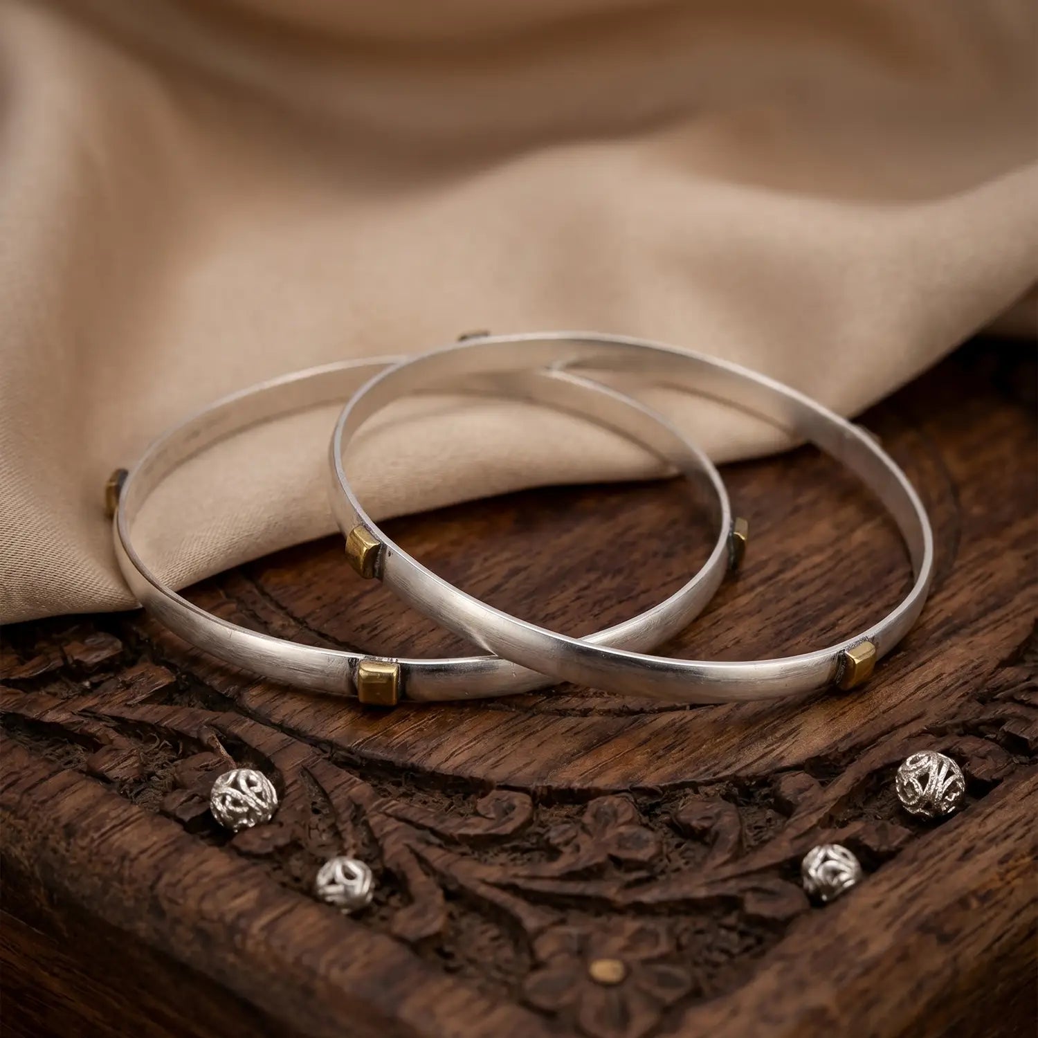 Pure Silver Bangles with Brass DetailingPure Silver Bangles with Brass Detailing