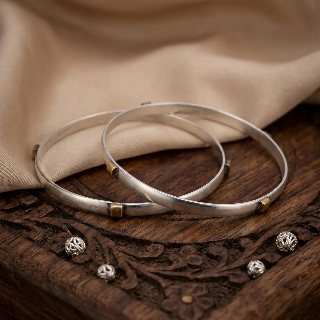 Pure Silver Bangles with Brass DetailingPure Silver Bangles with Brass Detailing
