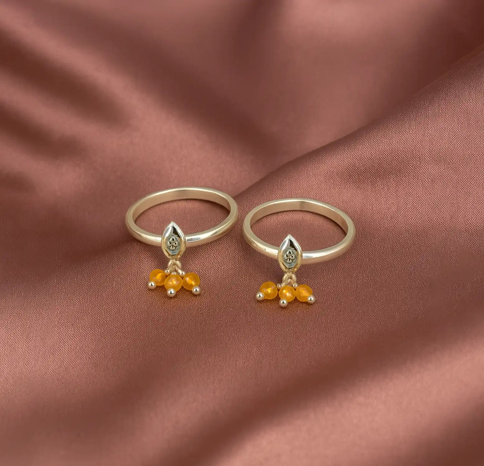 Leaf Charm Sterling Silver Toe Rings with Amber Beads- Made With Pure 925 Silver