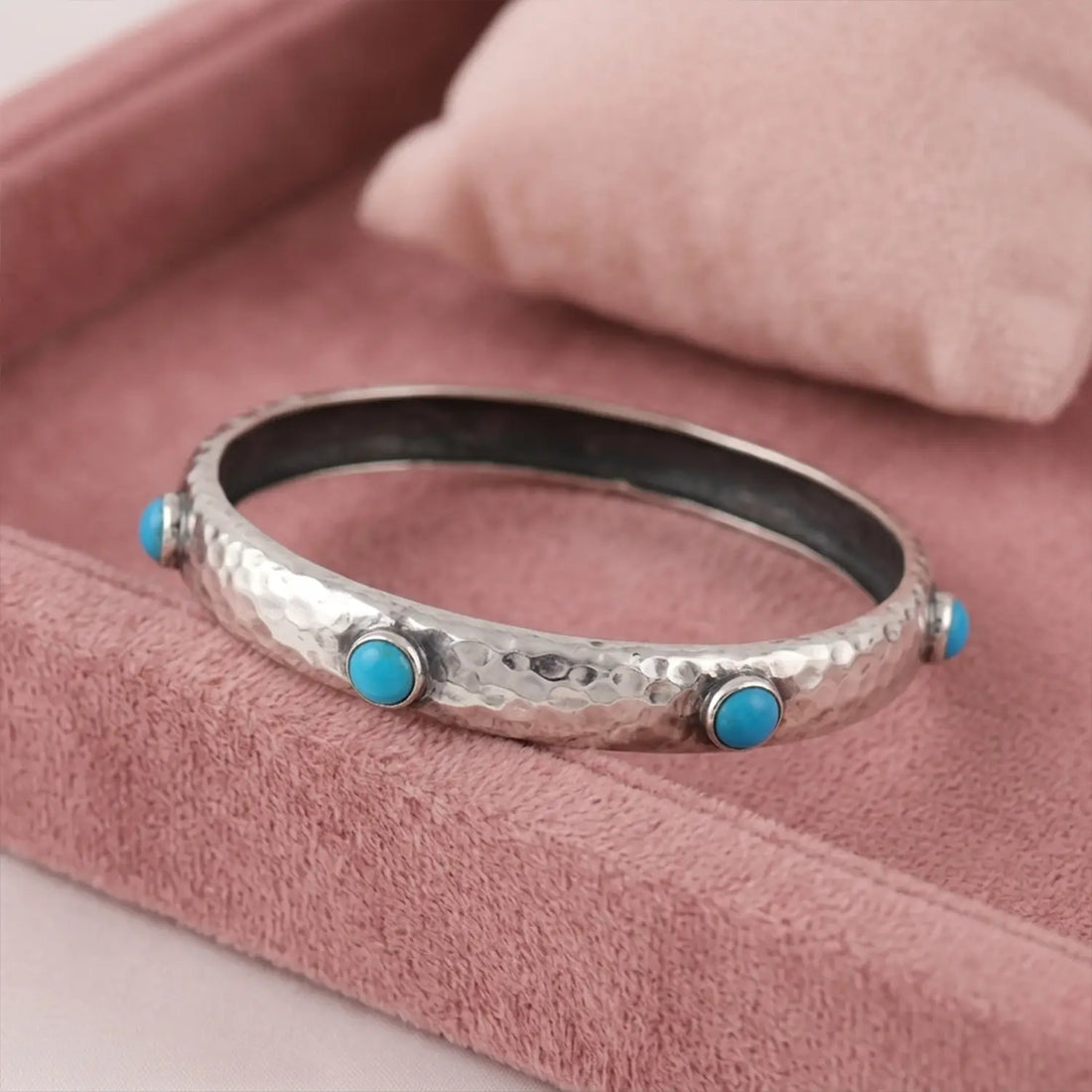 Hammered Silver Kada with Blue Stone Accents - Made With Pure 925 Silver