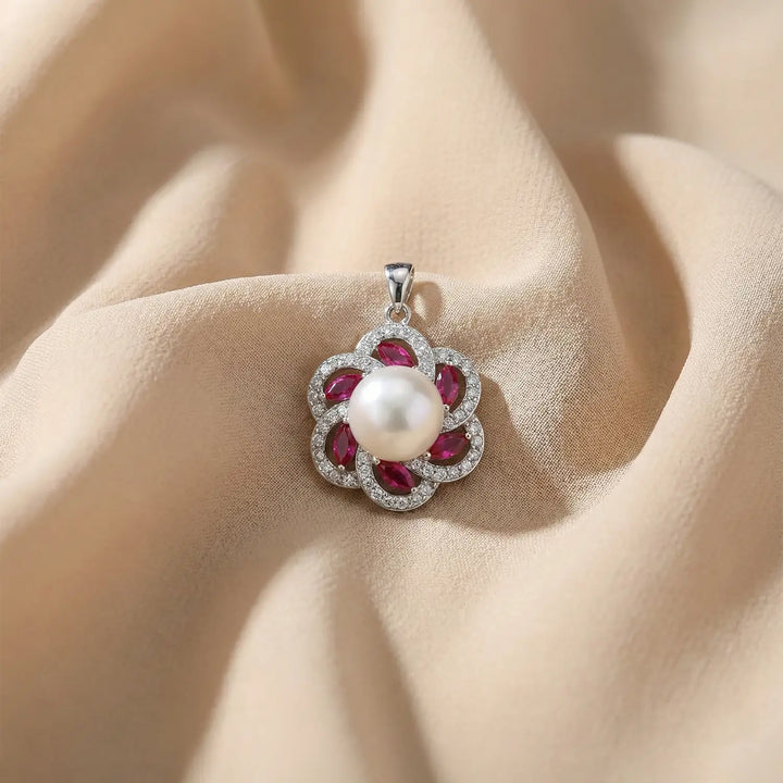 Elegant Pearl & Ruby Floral Silver Pendant - Made With 925 Pure Silver