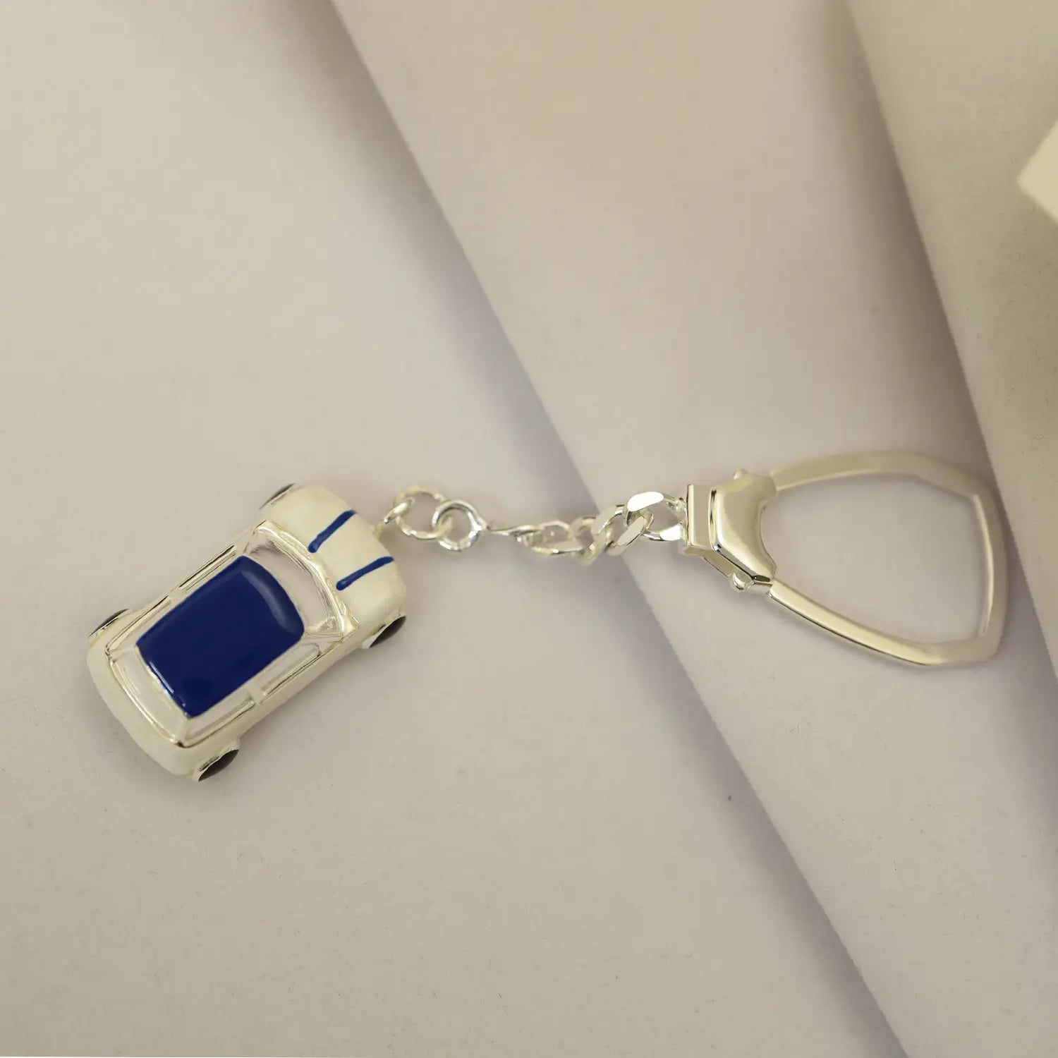 Pure Silver Car Keychain with Blue Enamel Finish - Made With Pure 925 Silver