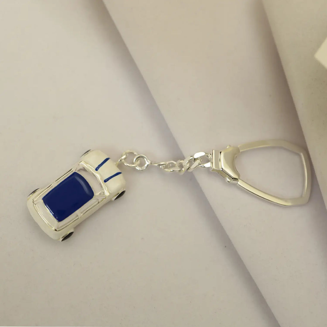 Pure Silver Car Keychain with Blue Enamel Finish - Made With Pure 925 Silver