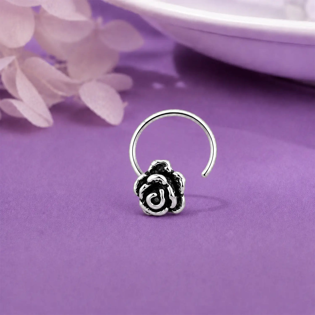 Oxidised Silver Rose Bloom Nose Pin- Made With Pure 925 Silver
