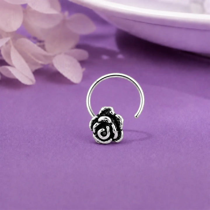 Oxidised Silver Rose Bloom Nose Pin- Made With Pure 925 Silver