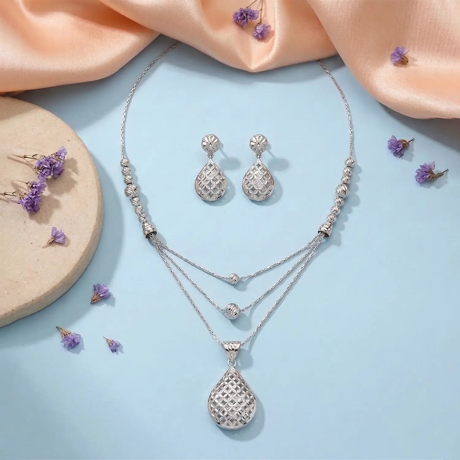 Elegant Layered Drop Pure Silver Necklace Set- Made With Pure 925 Silver